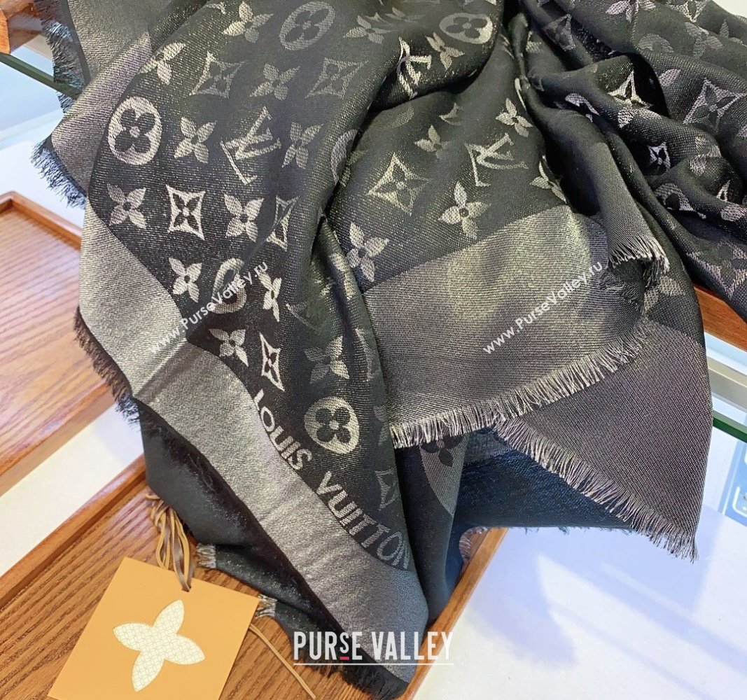 Louis Vuitton Classic Silk Wool Shawl Scarf 140cm with Silver-Tone Lurex Black 2025 (SHI-250514040)