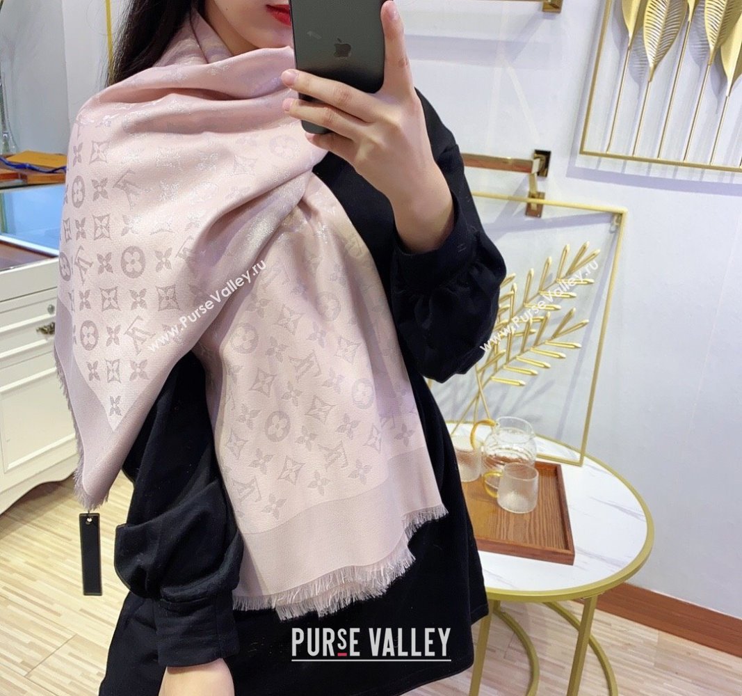 Louis Vuitton Classic Silk Wool Shawl Scarf 140cm with Silver-Tone Lurex Nude Pink 2025 (SHI-250514041)
