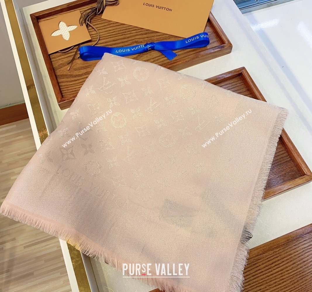 Louis Vuitton Classic Silk Wool Shawl Scarf 140cm with Silver-Tone Lurex Nude Pink 2025 (SHI-250514041)
