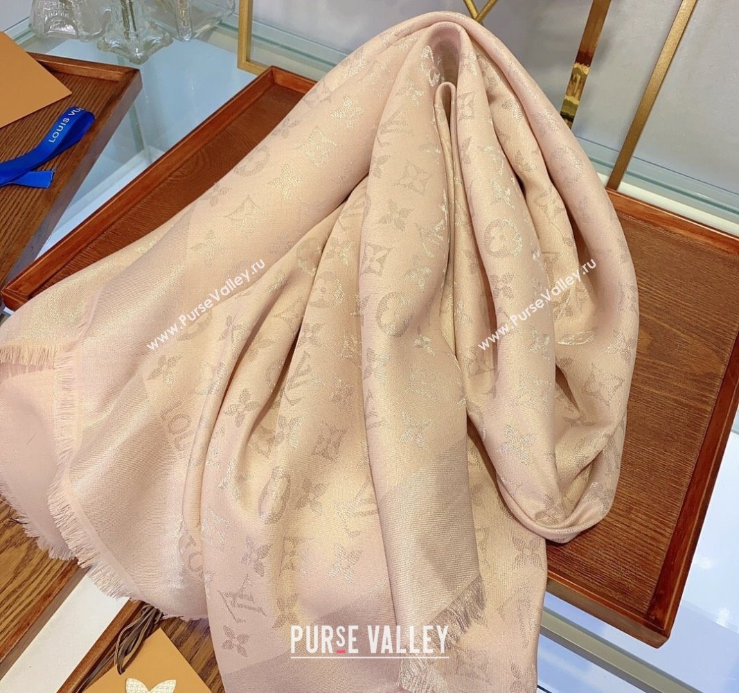 Louis Vuitton Classic Silk Wool Shawl Scarf 140cm with Silver-Tone Lurex Nude Pink 2025 (SHI-250514041)