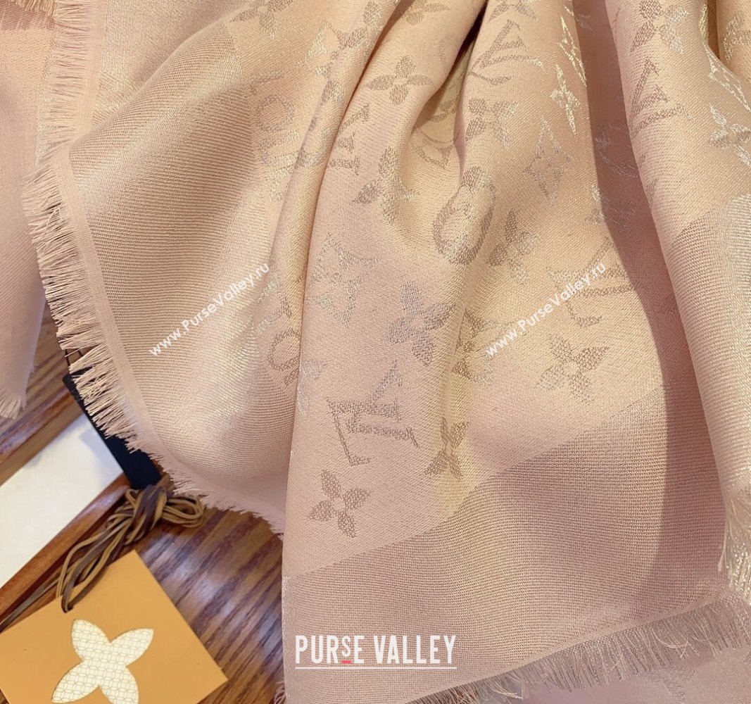 Louis Vuitton Classic Silk Wool Shawl Scarf 140cm with Silver-Tone Lurex Nude Pink 2025 (SHI-250514041)