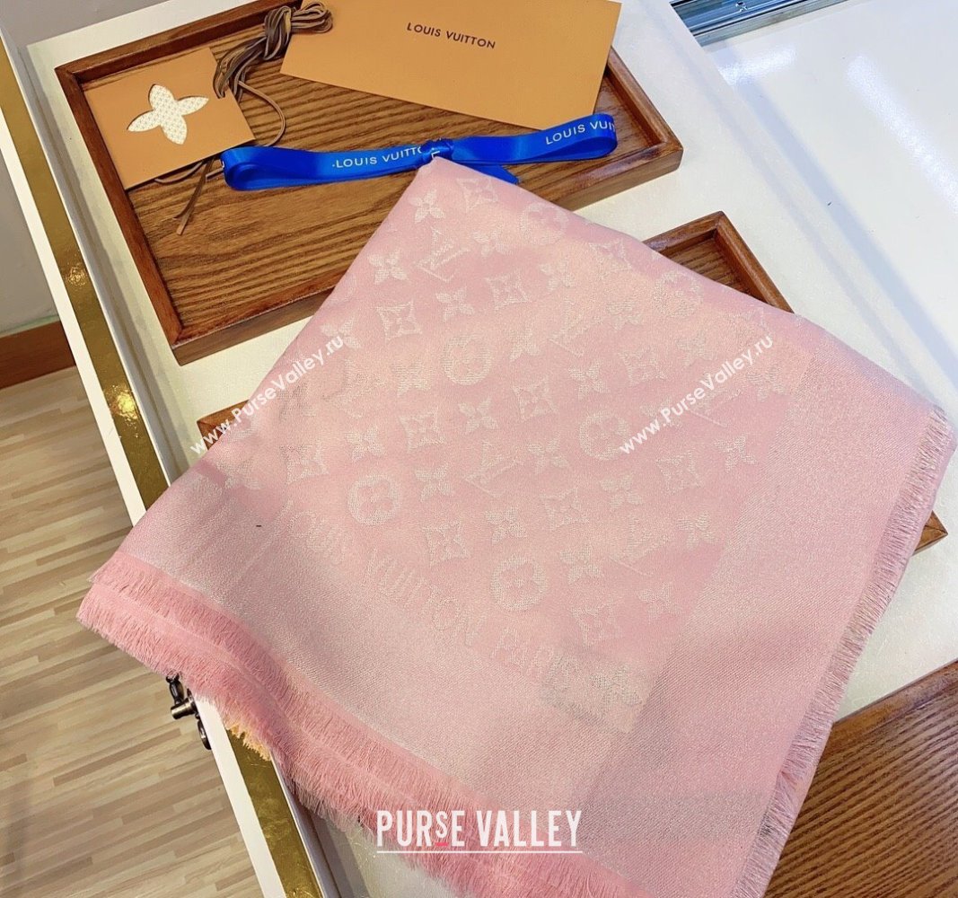 Louis Vuitton Classic Silk Wool Shawl Scarf 140cm with Silver-Tone Lurex Light Pink 2025 (SHI-250514042)