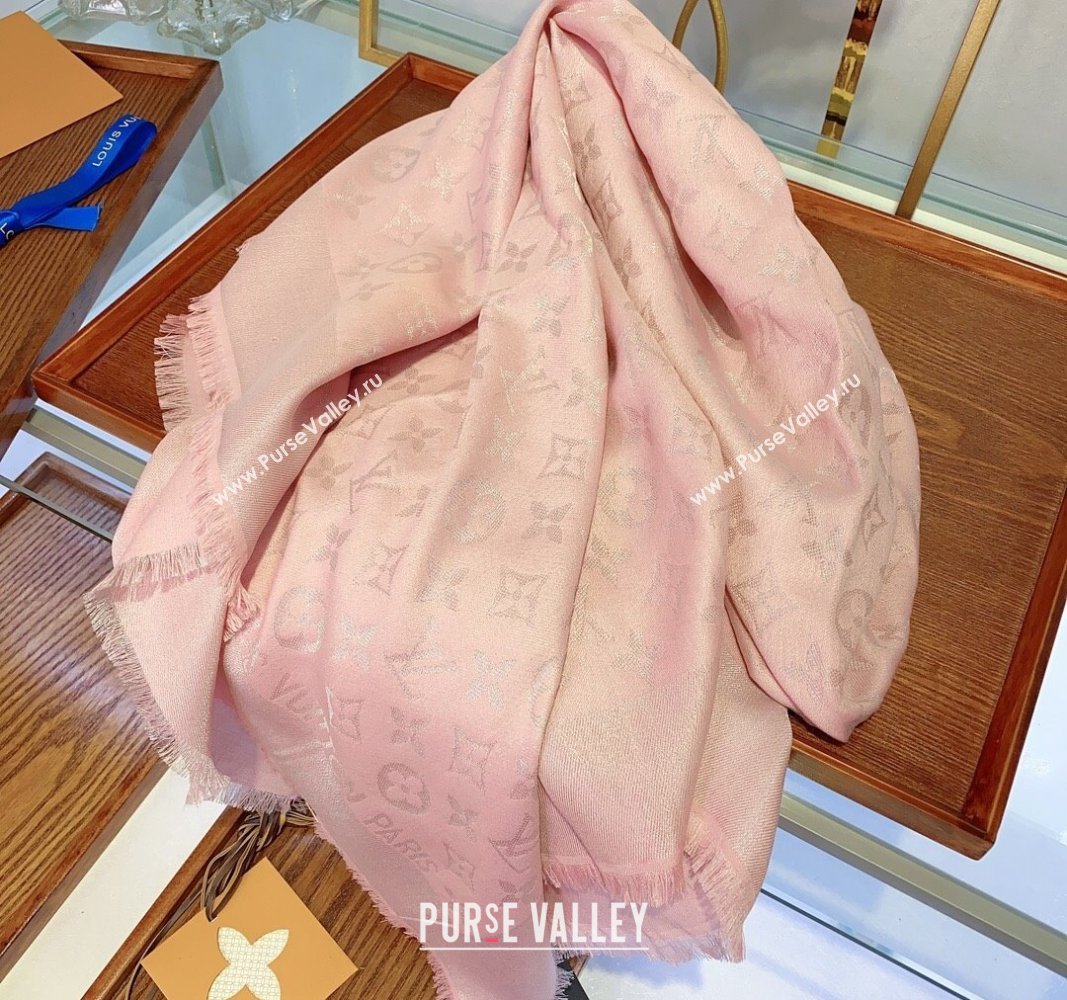 Louis Vuitton Classic Silk Wool Shawl Scarf 140cm with Silver-Tone Lurex Light Pink 2025 (SHI-250514042)