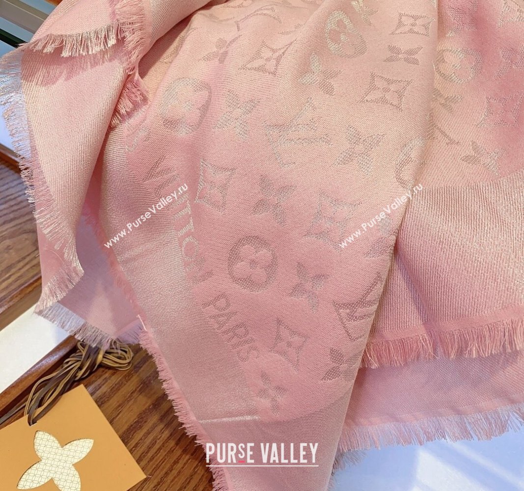 Louis Vuitton Classic Silk Wool Shawl Scarf 140cm with Silver-Tone Lurex Light Pink 2025 (SHI-250514042)