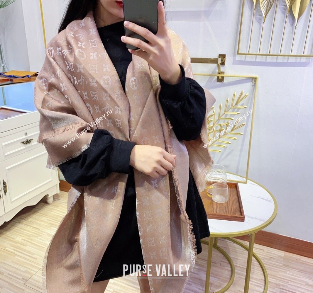 Louis Vuitton Classic Silk Wool Shawl Scarf 140cm with Silver-Tone Lurex Beige 2025 (SHI-250514043)