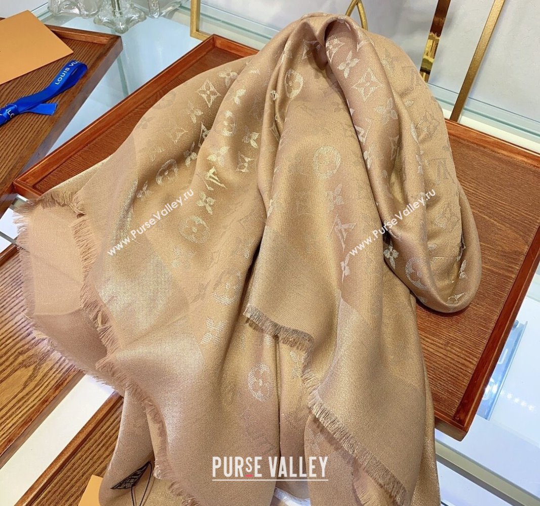 Louis Vuitton Classic Silk Wool Shawl Scarf 140cm with Silver-Tone Lurex Beige 2025 (SHI-250514043)