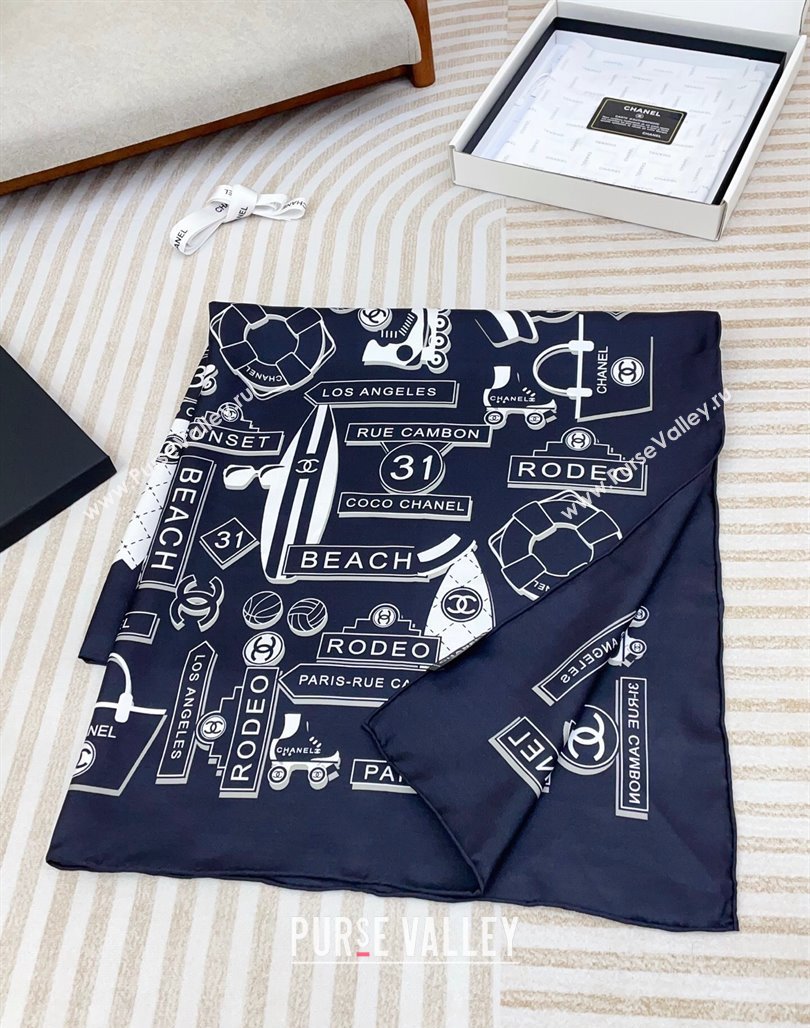 Chanel Printed Silk Square Scarf 90x90cm Navy Blue 2025 CH051309 (SHI-250513141)