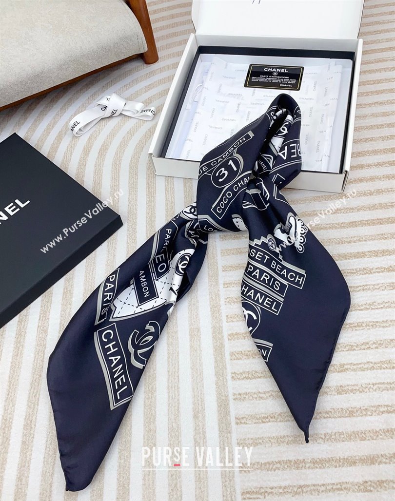 Chanel Printed Silk Square Scarf 90x90cm Navy Blue 2025 CH051309 (SHI-250513141)