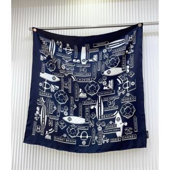 Chanel Printed Silk Square Scarf 90x90cm Navy Blue 2025 CH051309 (SHI-250513141)