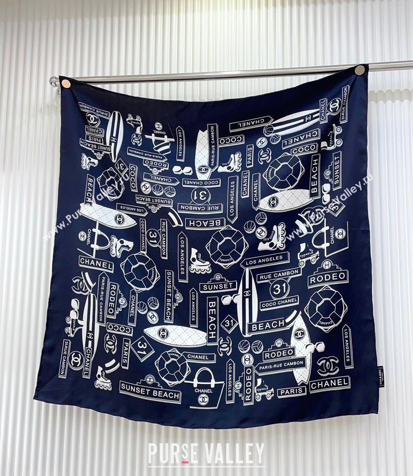Chanel Printed Silk Square Scarf 90x90cm Navy Blue 2025 CH051309 (SHI-250513141)