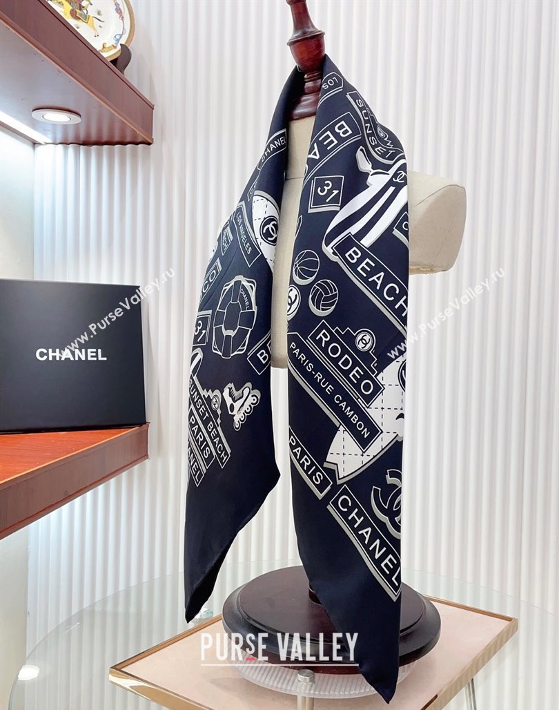 Chanel Printed Silk Square Scarf 90x90cm Navy Blue 2025 CH051309 (SHI-250513141)