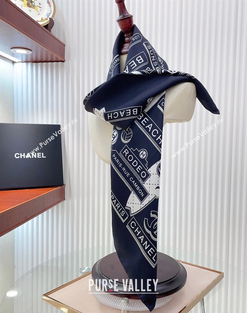 Chanel Printed Silk Square Scarf 90x90cm Navy Blue 2025 CH051309 (SHI-250513141)