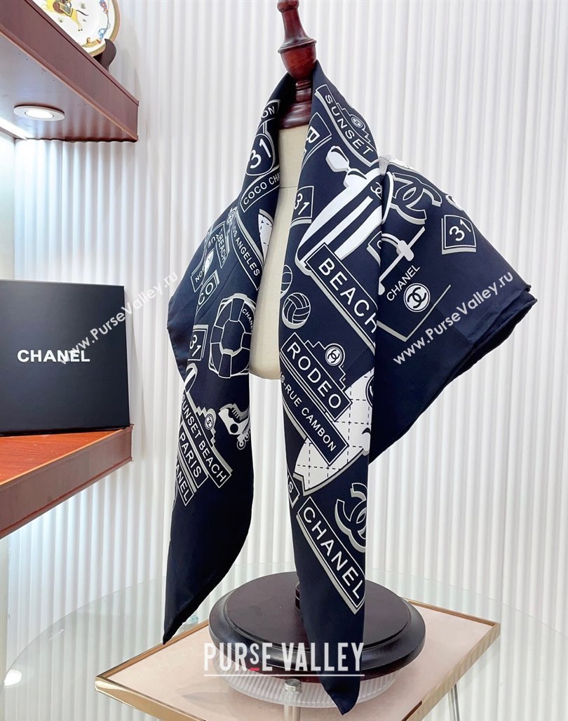 Chanel Printed Silk Square Scarf 90x90cm Navy Blue 2025 CH051309 (SHI-250513141)
