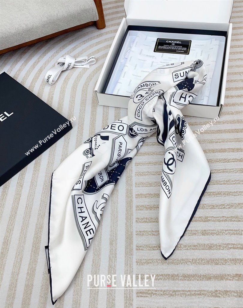 Chanel Printed Silk Square Scarf 90x90cm White 2025 CH051309 (SHI-250513142)