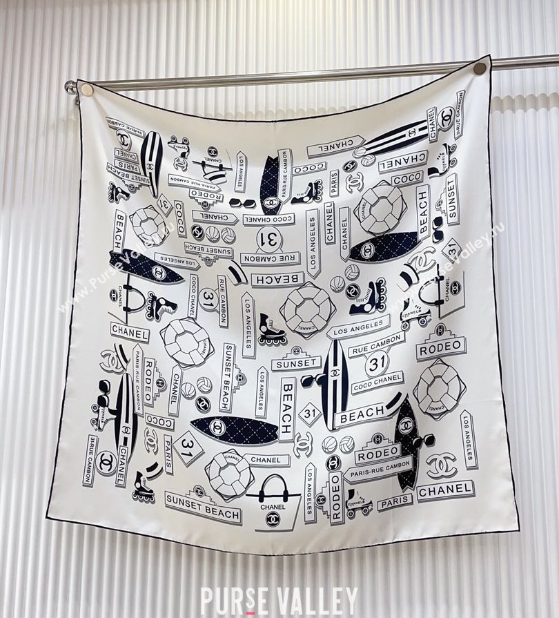Chanel Printed Silk Square Scarf 90x90cm White 2025 CH051309 (SHI-250513142)