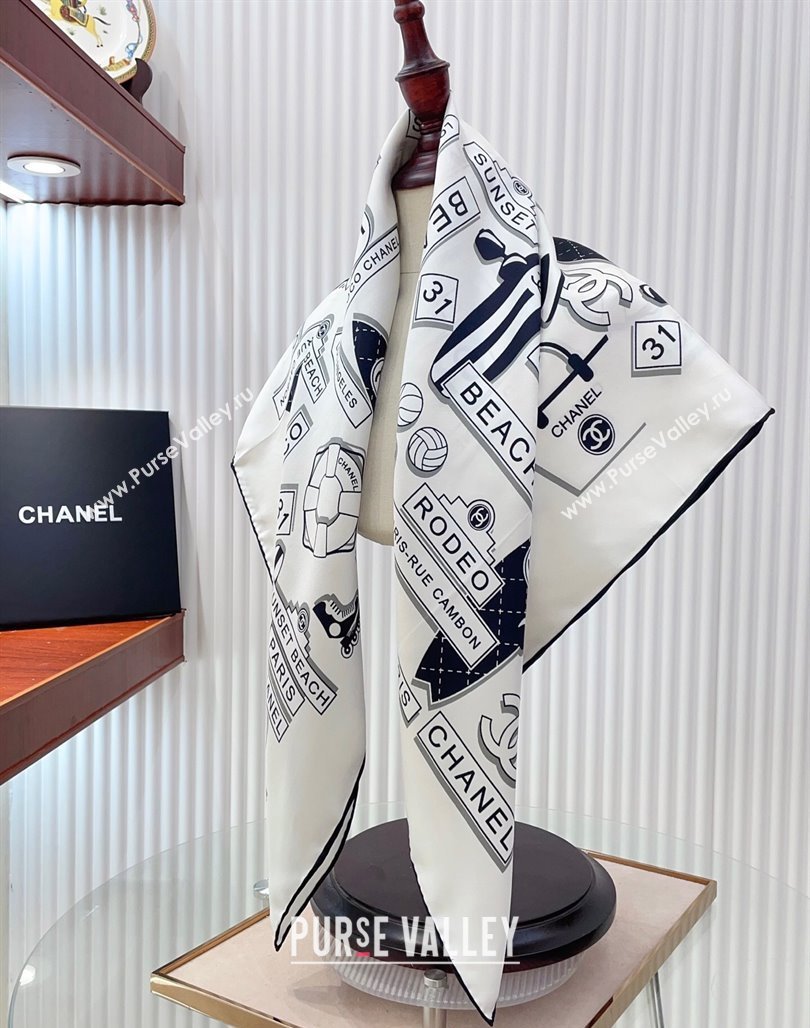 Chanel Printed Silk Square Scarf 90x90cm White 2025 CH051309 (SHI-250513142)