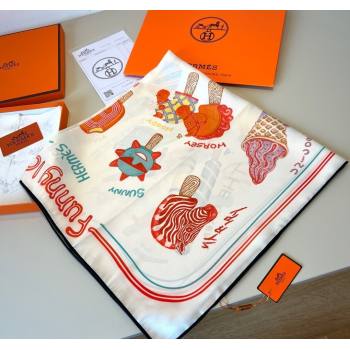 Hermes Funny Ice Cream Silk Square Scarf 90x90cm White 2025 (XMN-250514027)