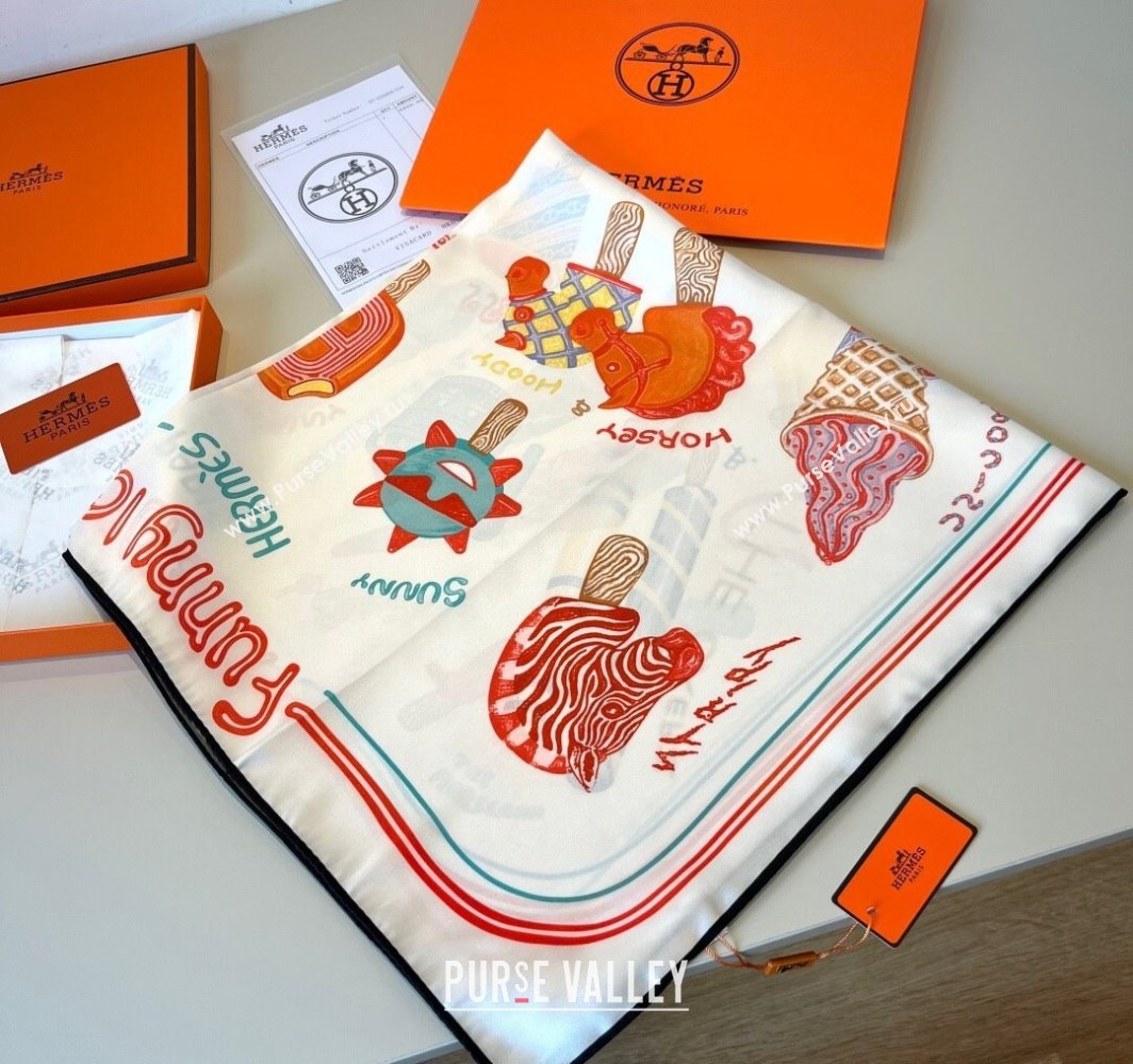 Hermes Funny Ice Cream Silk Square Scarf 90x90cm White 2025 (XMN-250514027)