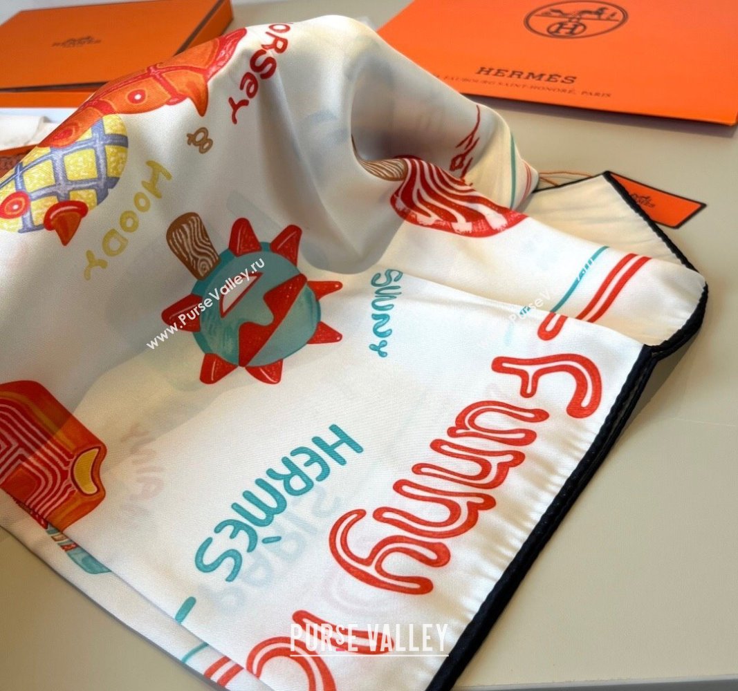 Hermes Funny Ice Cream Silk Square Scarf 90x90cm White 2025 (XMN-250514027)