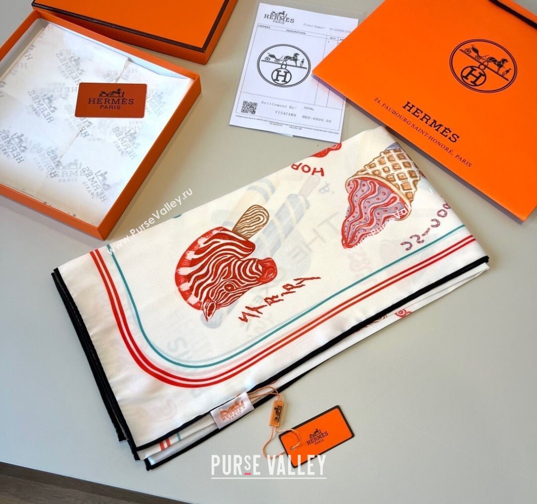 Hermes Funny Ice Cream Silk Square Scarf 90x90cm White 2025 (XMN-250514027)