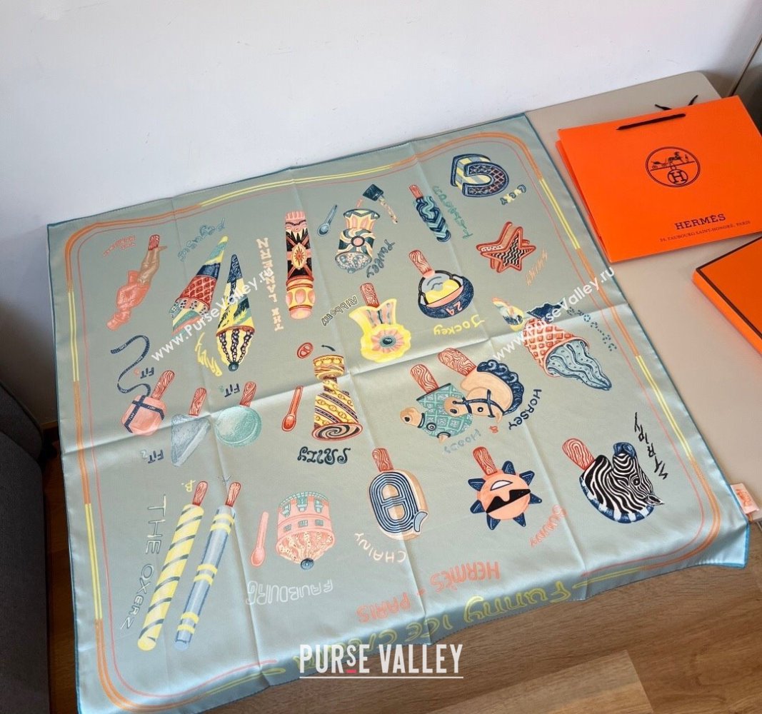 Hermes Funny Ice Cream Silk Square Scarf 90x90cm Grey 2025 (XMN-250514028)