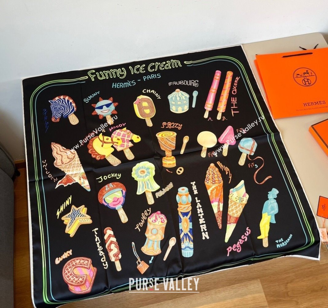 Hermes Funny Ice Cream Silk Square Scarf 90x90cm Black 2025 (XMN-250514029)