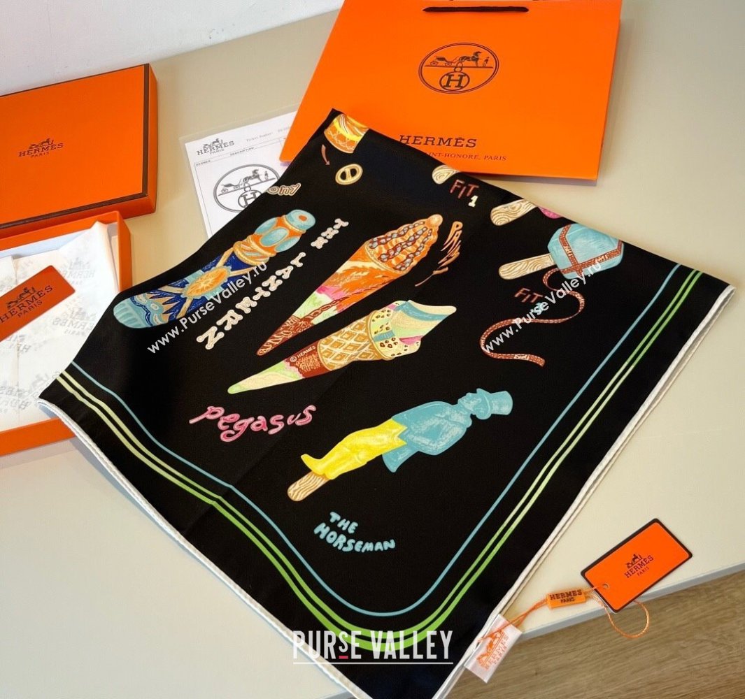 Hermes Funny Ice Cream Silk Square Scarf 90x90cm Black 2025 (XMN-250514029)