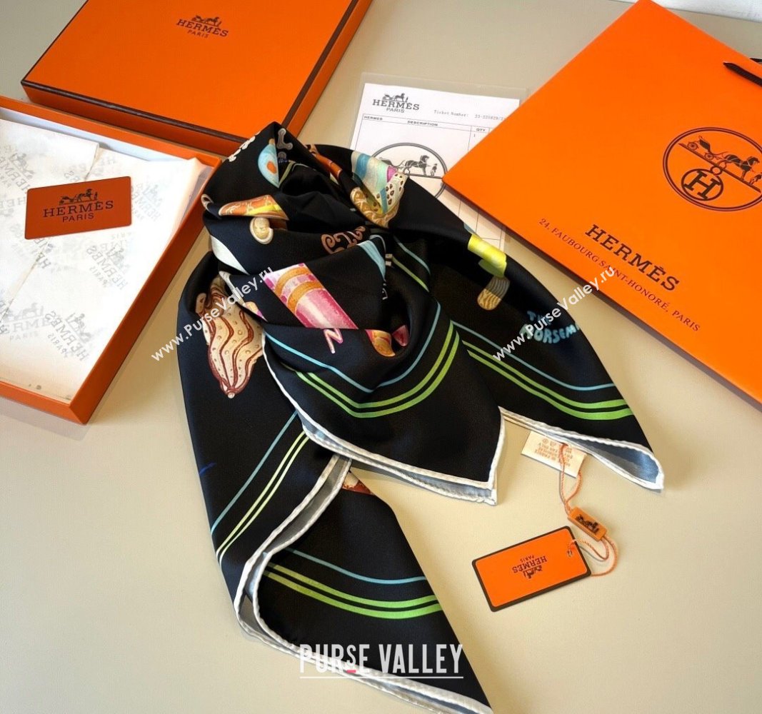Hermes Funny Ice Cream Silk Square Scarf 90x90cm Black 2025 (XMN-250514029)