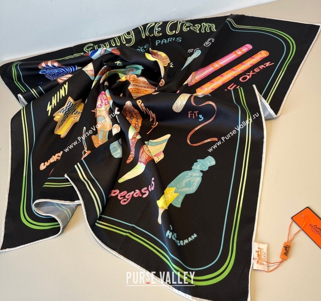 Hermes Funny Ice Cream Silk Square Scarf 90x90cm Black 2025 (XMN-250514029)