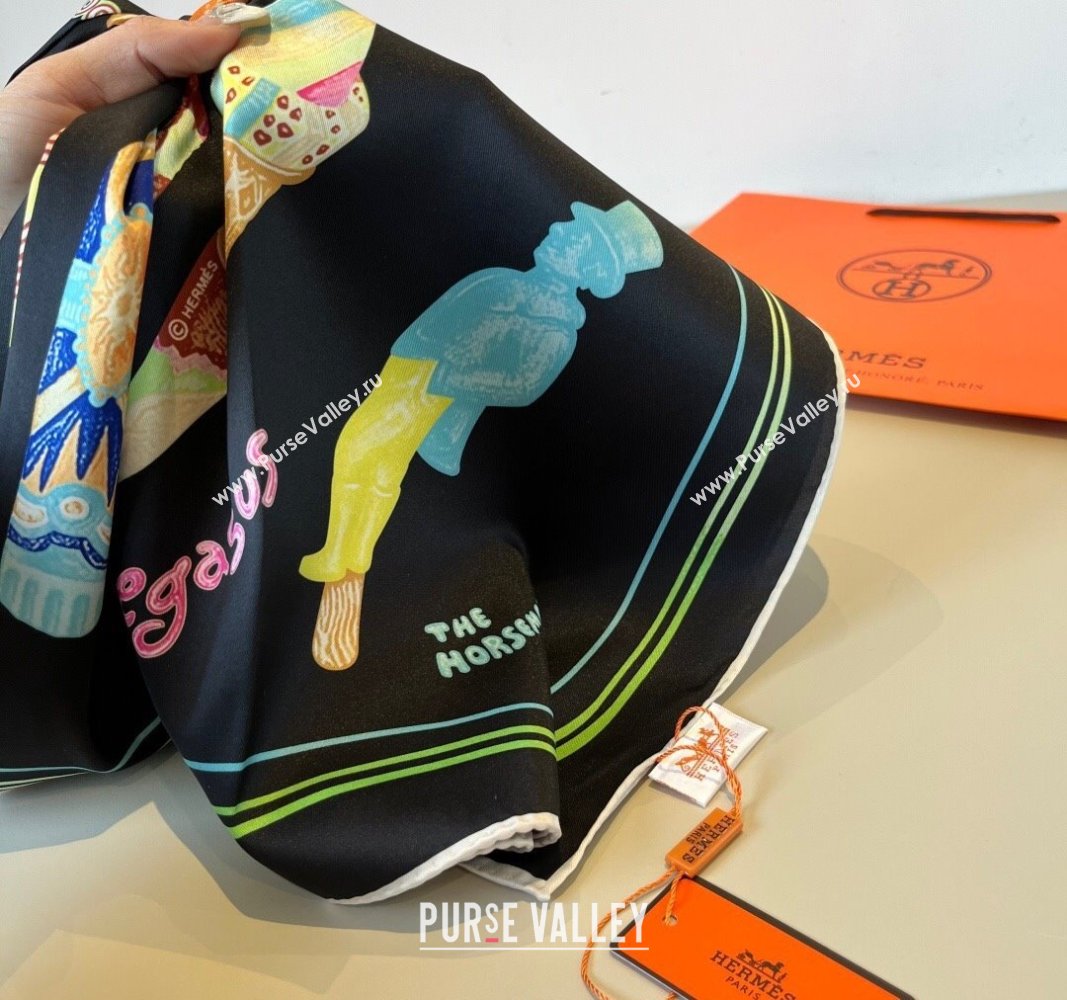 Hermes Funny Ice Cream Silk Square Scarf 90x90cm Black 2025 (XMN-250514029)