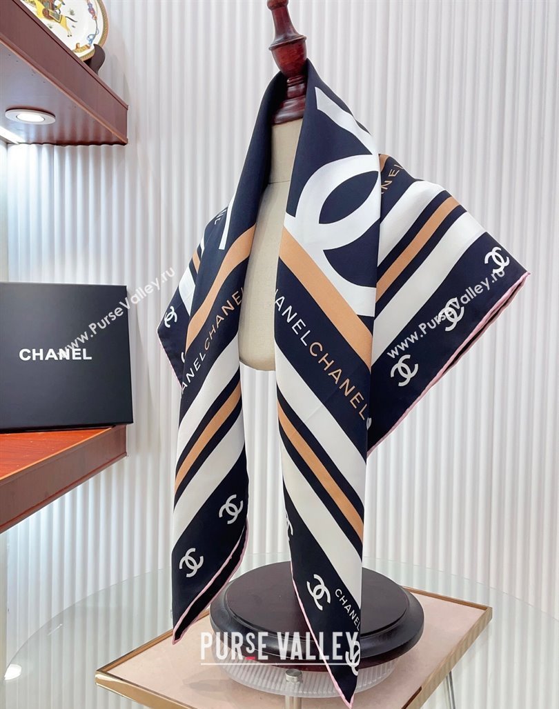 Chanel CC Silk Square Scarf 90x90cm Navy Blue 2025 CH051310 (SHI-250513143)