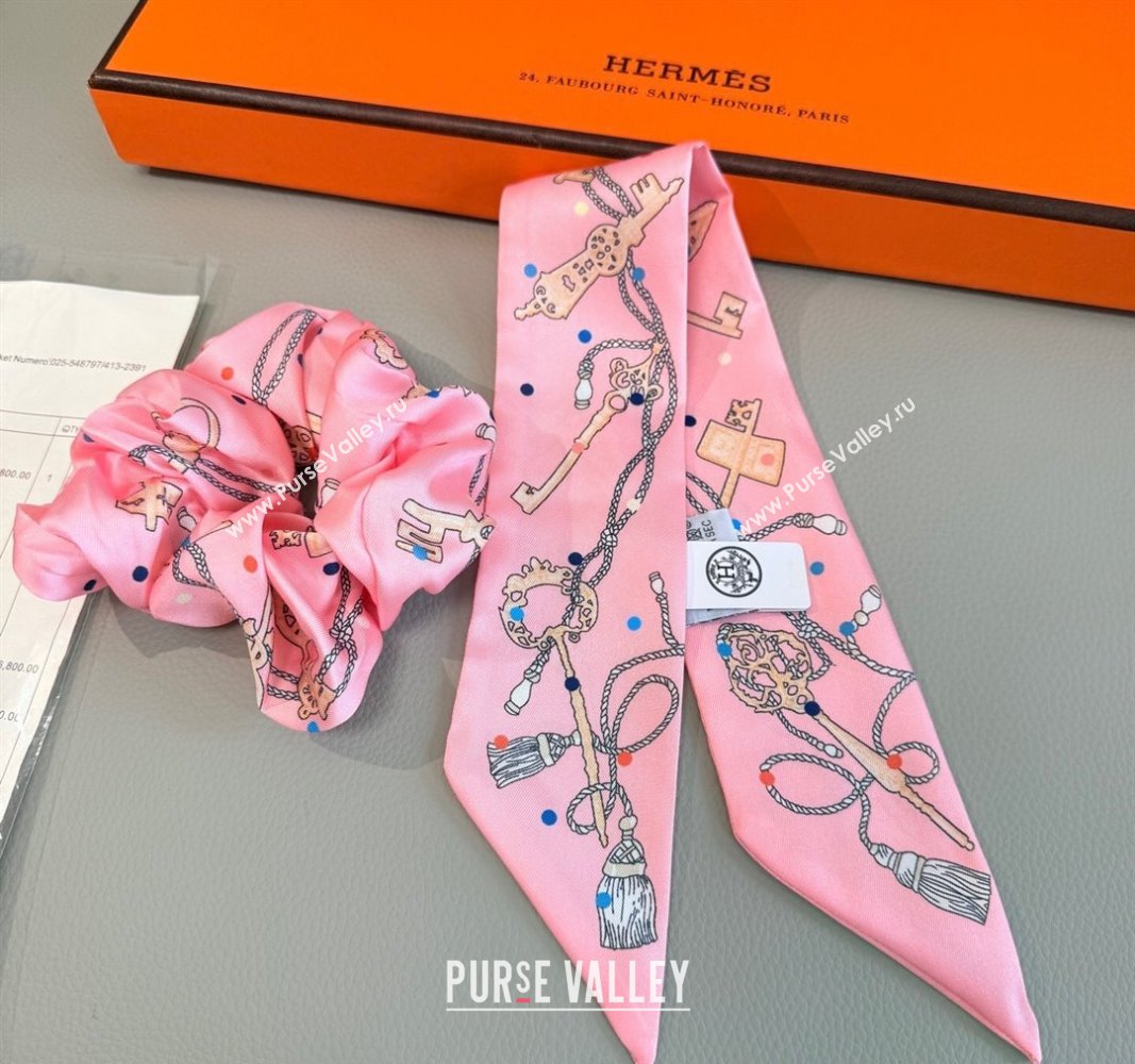 Hermes Key Twilly Silk Bandeau Scarf and Hairring Set Pink 2025 (XMN-250514023)