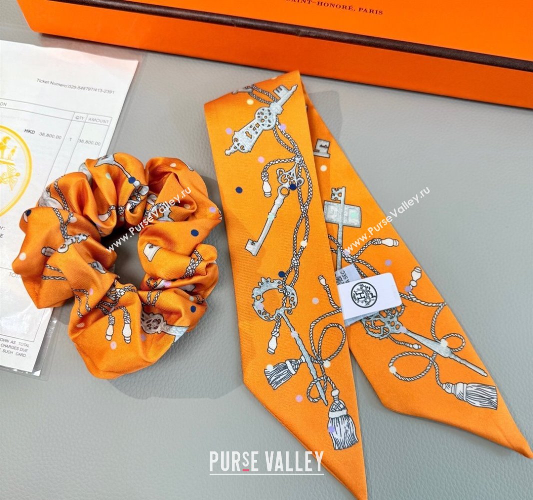 Hermes Key Twilly Silk Bandeau Scarf and Hairring Set Orange 2025 (XMN-250514024)