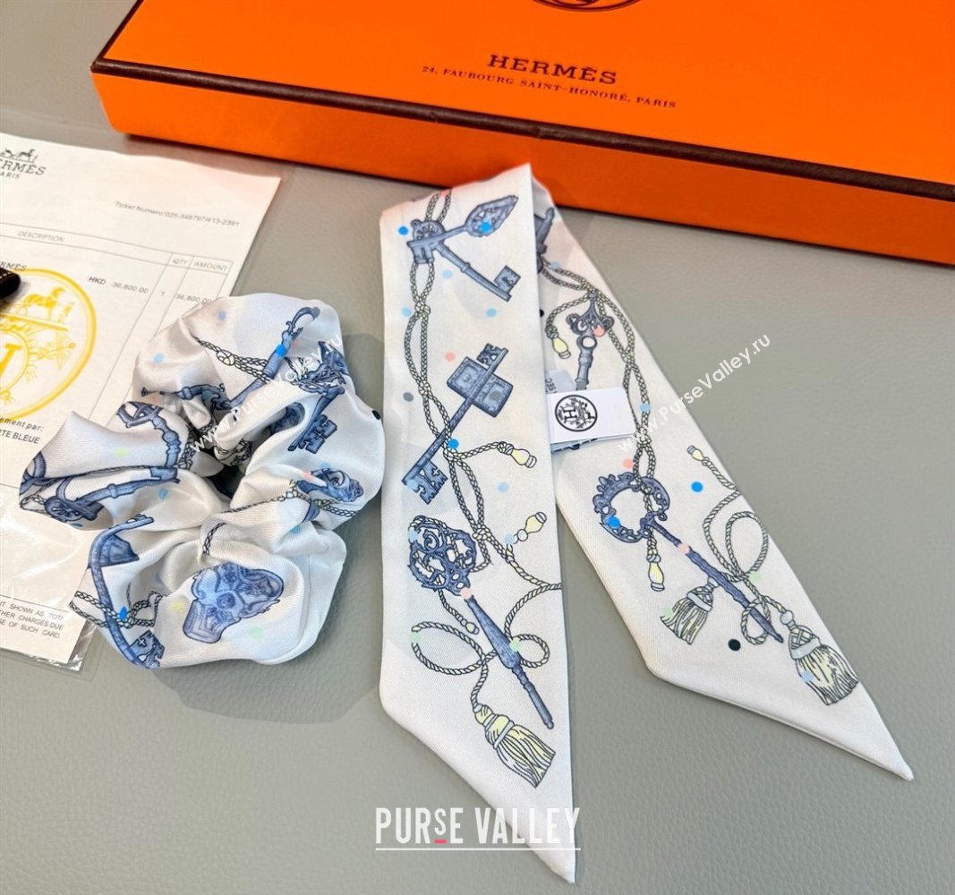 Hermes Key Twilly Silk Bandeau Scarf and Hairring Set White 2025 (XMN-250514025)