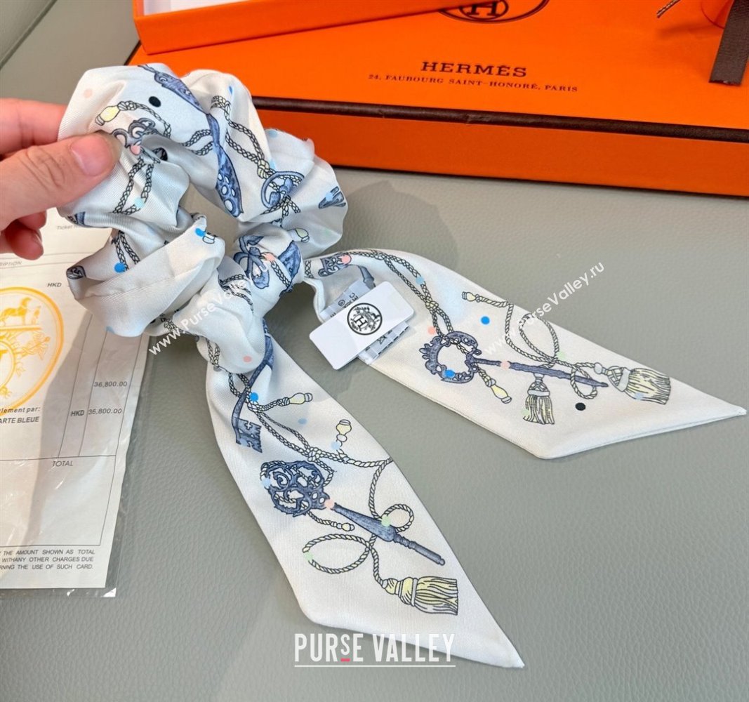 Hermes Key Twilly Silk Bandeau Scarf and Hairring Set White 2025 (XMN-250514025)