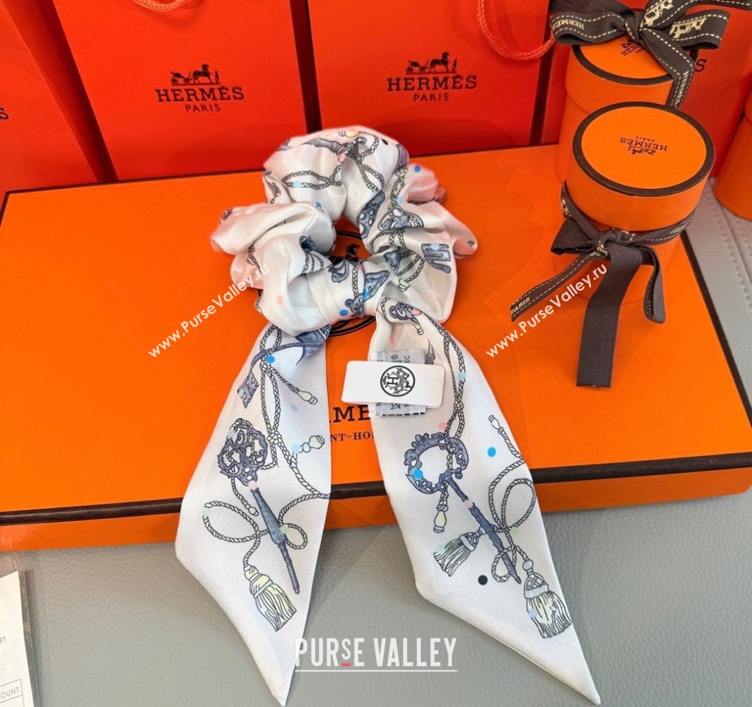 Hermes Key Twilly Silk Bandeau Scarf and Hairring Set White 2025 (XMN-250514025)