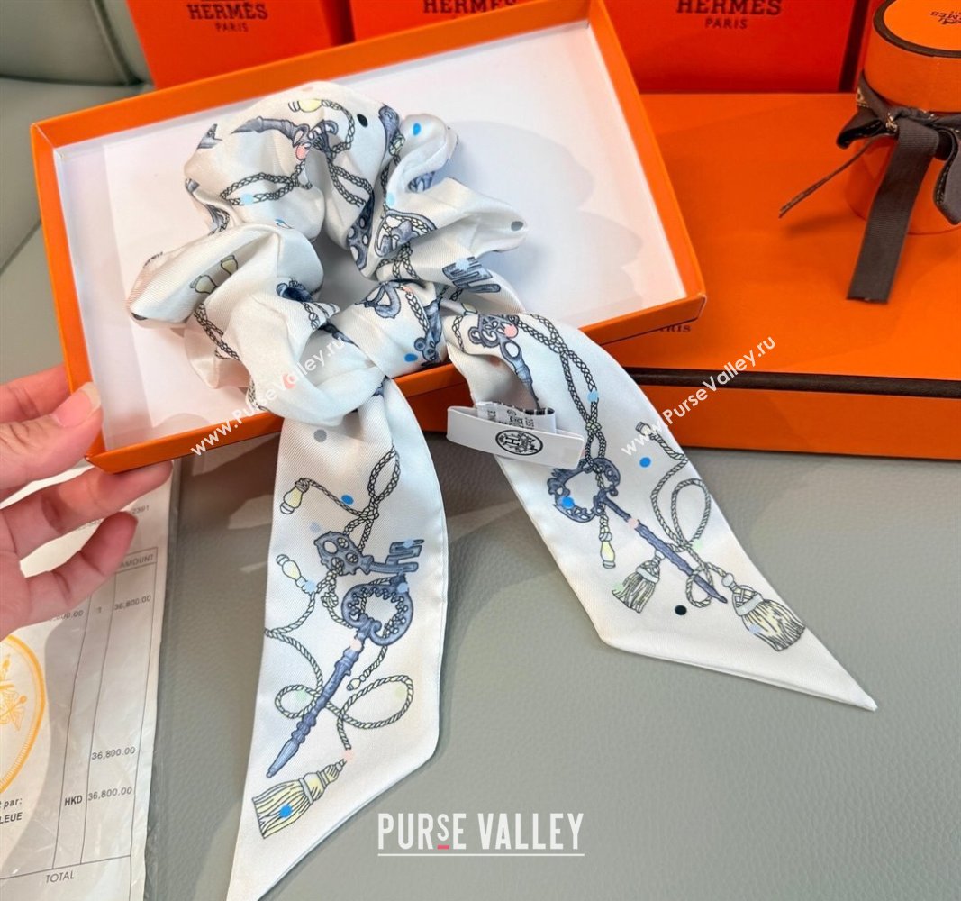 Hermes Key Twilly Silk Bandeau Scarf and Hairring Set White 2025 (XMN-250514025)