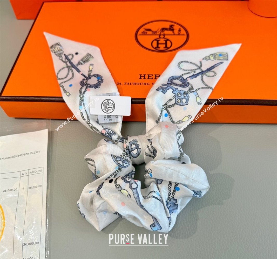 Hermes Key Twilly Silk Bandeau Scarf and Hairring Set White 2025 (XMN-250514025)