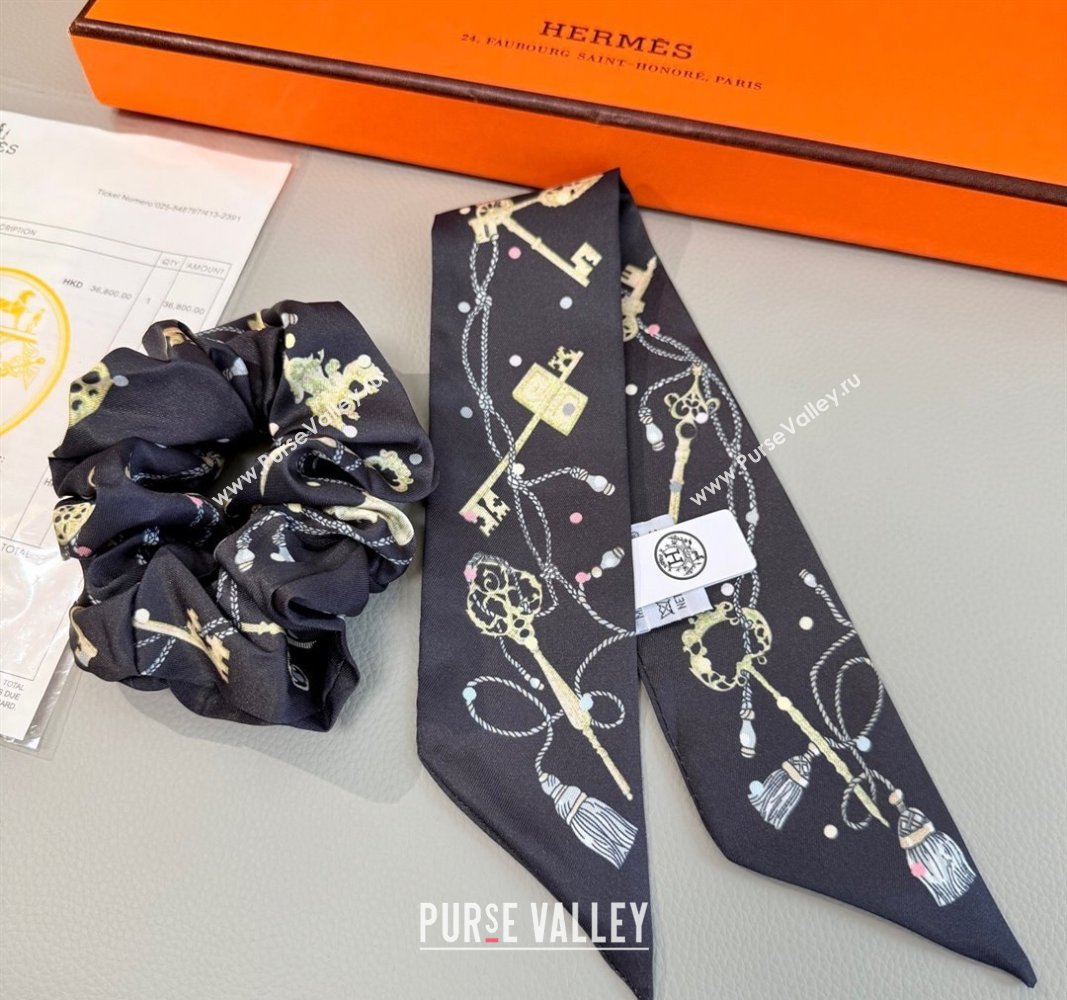 Hermes Key Twilly Silk Bandeau Scarf and Hairring Set Black 2025 (XMN-250514026)