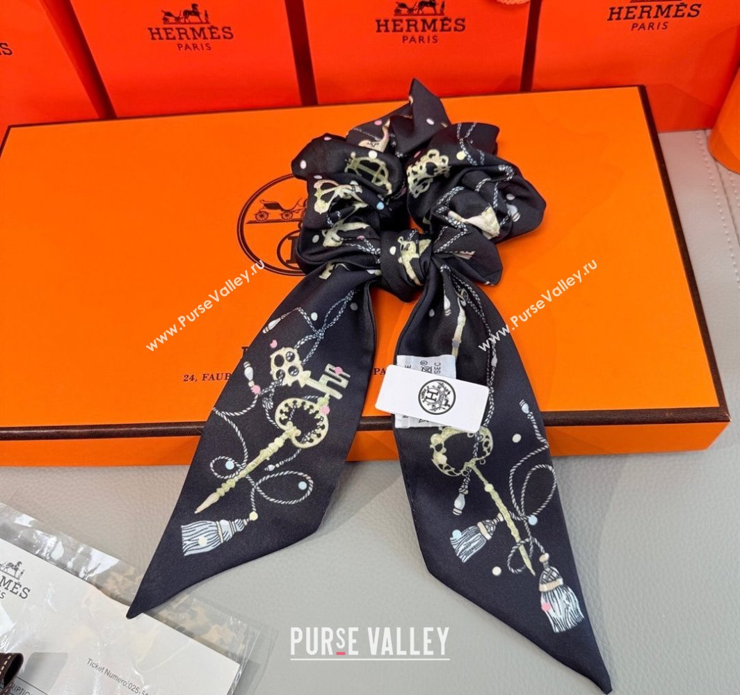 Hermes Key Twilly Silk Bandeau Scarf and Hairring Set Black 2025 (XMN-250514026)
