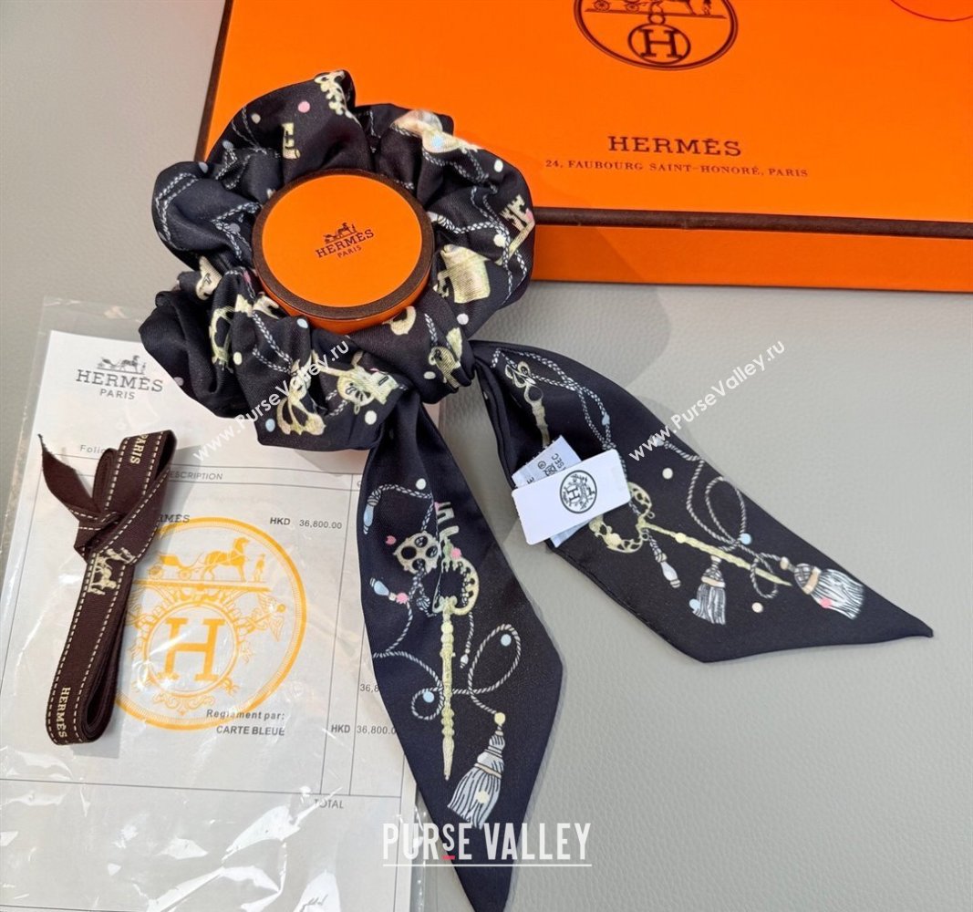 Hermes Key Twilly Silk Bandeau Scarf and Hairring Set Black 2025 (XMN-250514026)