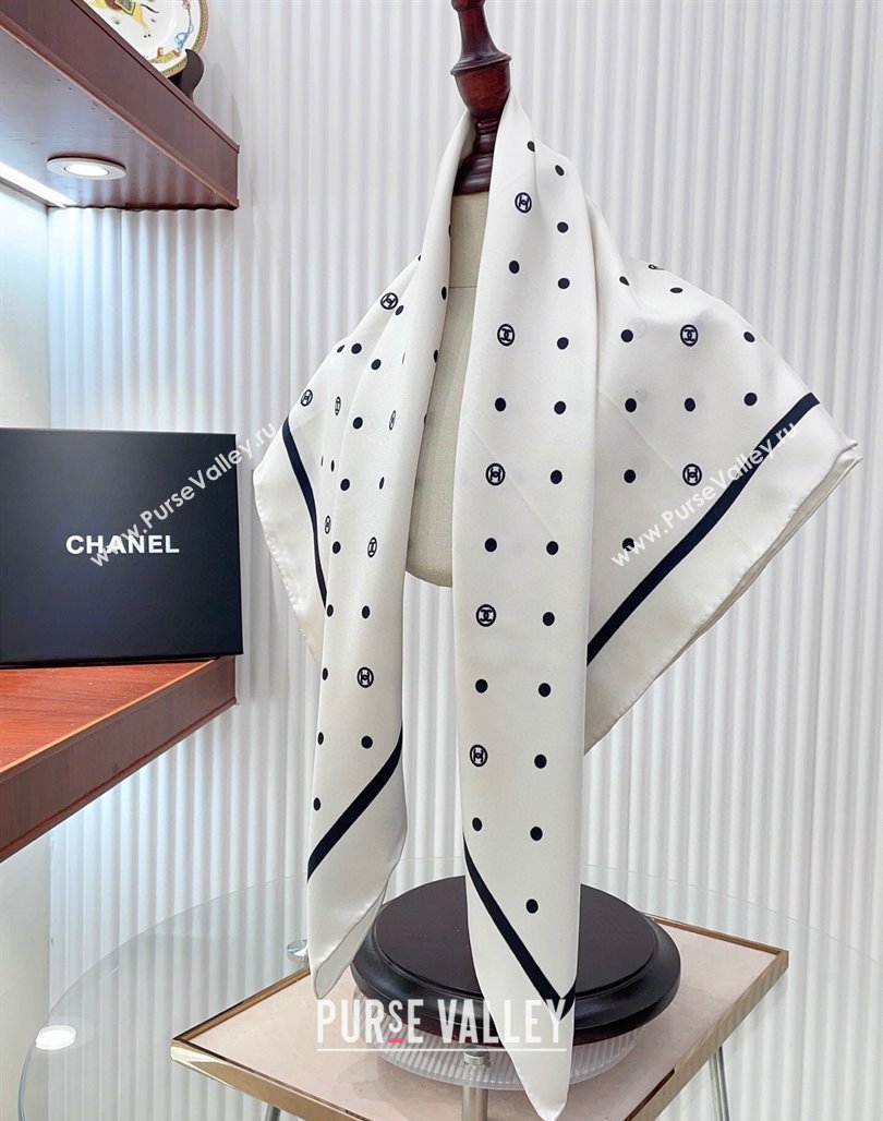 Chanel Circle CC Silk Square Scarf 90x90cm White 2025 CH051306 (SHI-250513135)