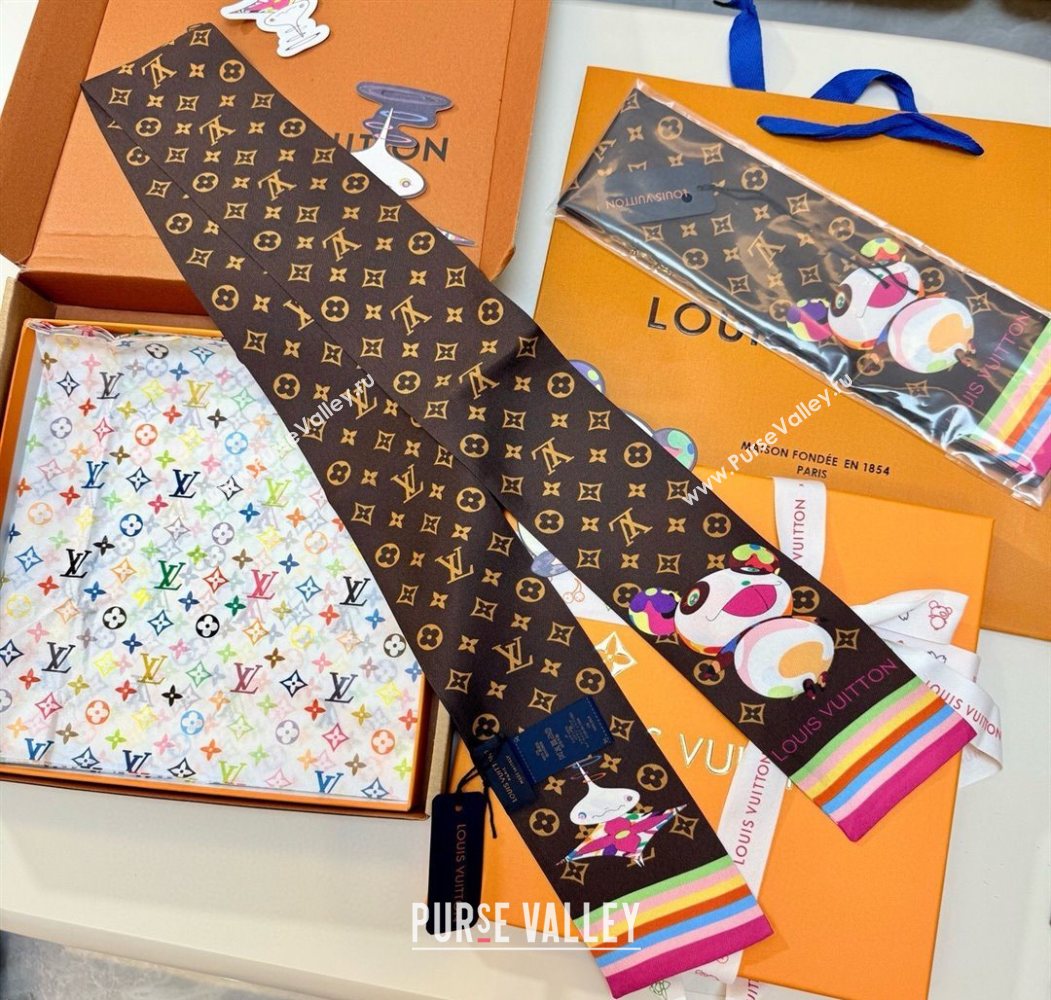 Louis Vuitton LV x TM Superflat Characters Silk Bandeau Scarf 5x120cm Brown 2025 (SHI-250617060)