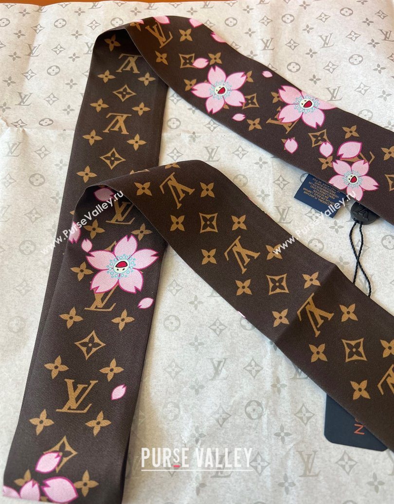 Louis Vuitton LV x TM Cherry Blosoom BB Silk Bandeau Scarf 5x120cm Brown 2025 (SHI-250617049)