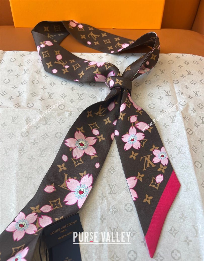 Louis Vuitton LV x TM Cherry Blosoom BB Silk Bandeau Scarf 5x120cm Brown 2025 (SHI-250617049)