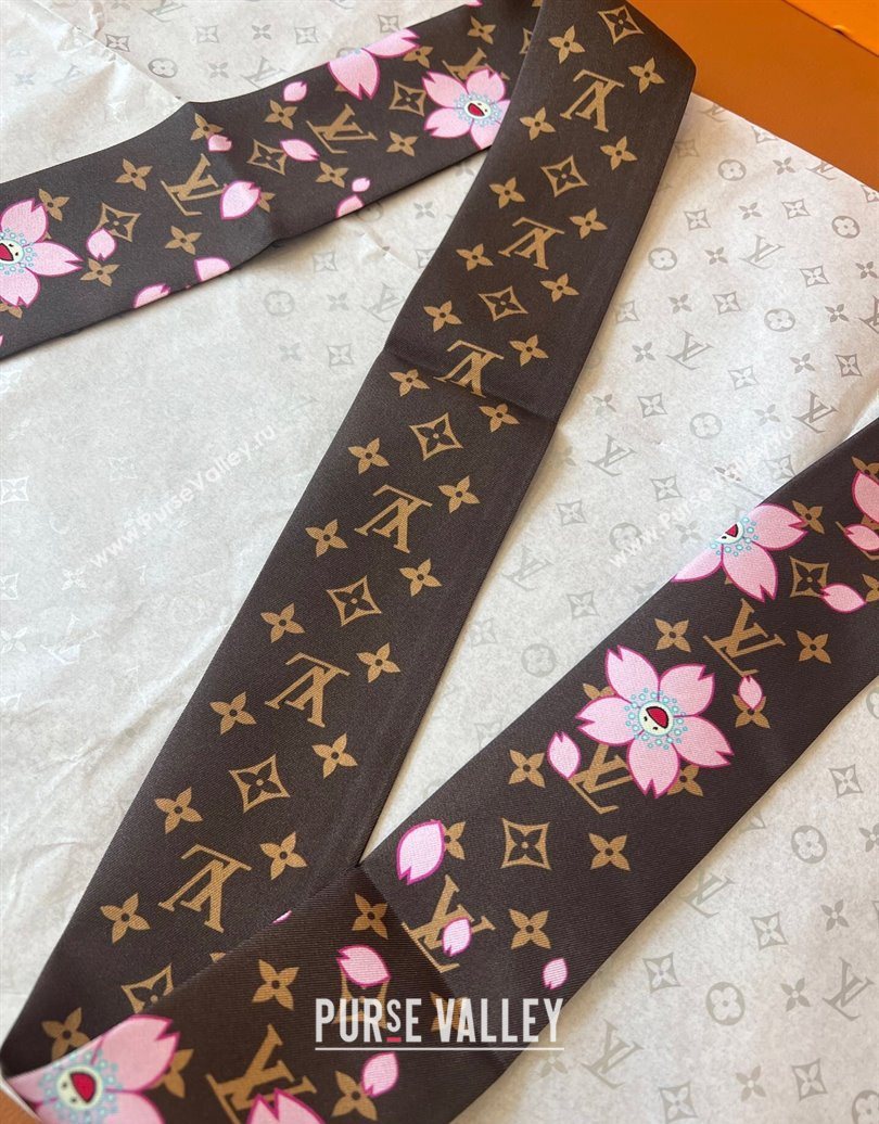 Louis Vuitton LV x TM Cherry Blosoom BB Silk Bandeau Scarf 5x120cm Brown 2025 (SHI-250617049)