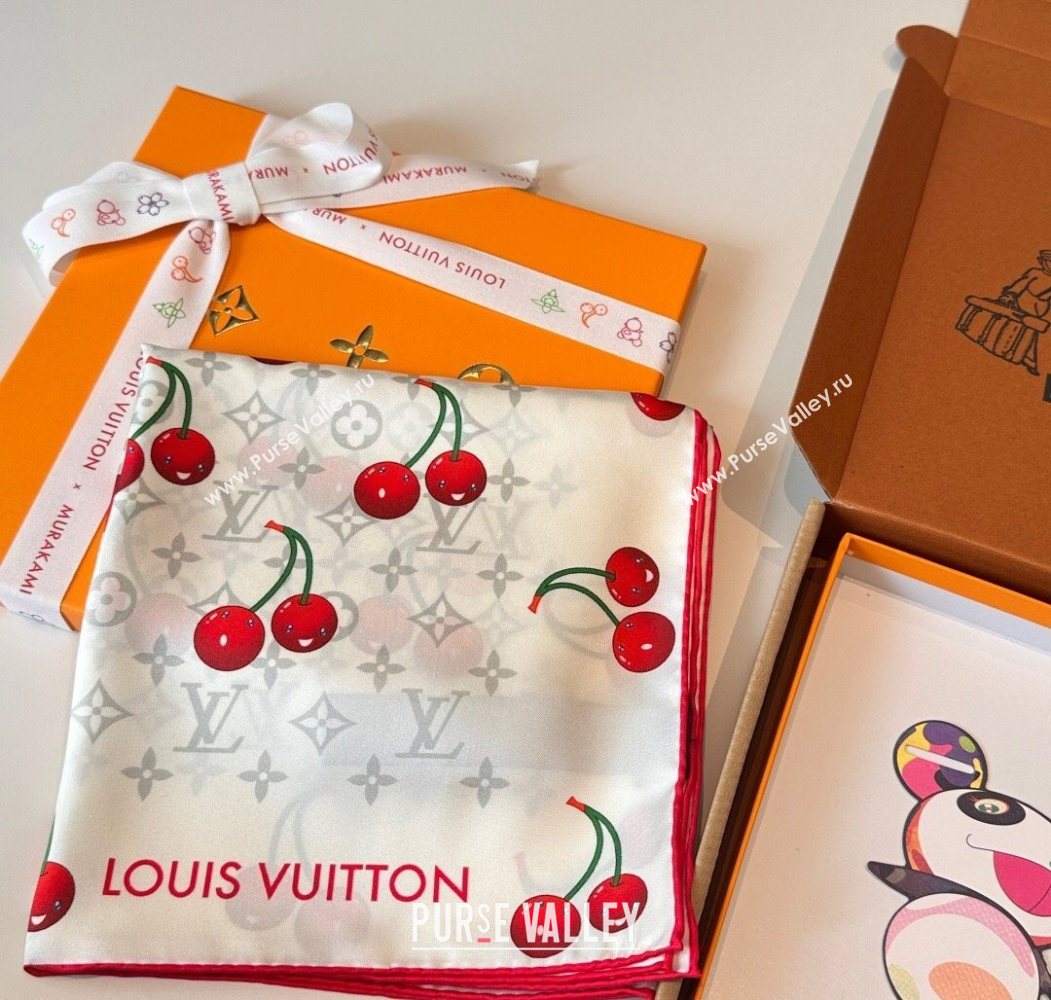 Louis Vuitton LV x TM Cherry Cerise Silk Square Scarf 90x90cm White 2025 (SHI-250617050)