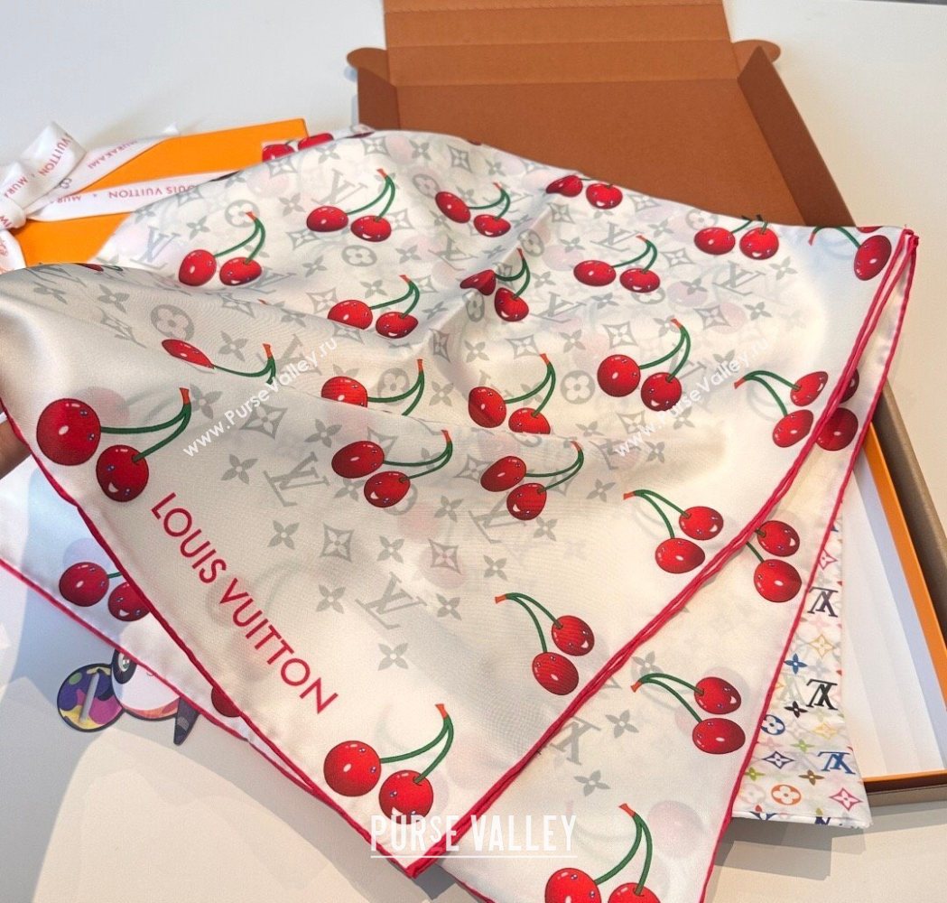 Louis Vuitton LV x TM Cherry Cerise Silk Square Scarf 90x90cm White 2025 (SHI-250617050)