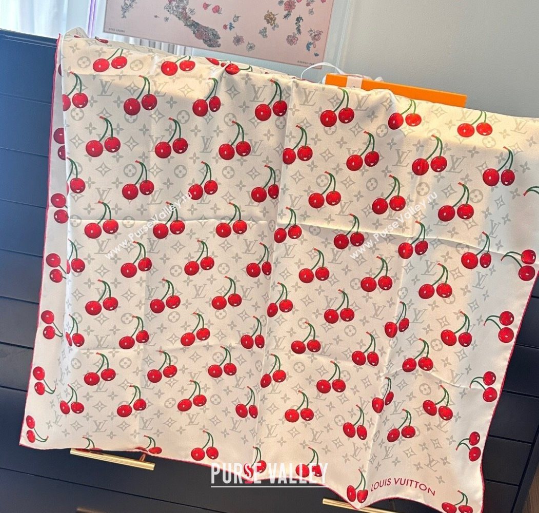 Louis Vuitton LV x TM Cherry Cerise Silk Square Scarf 90x90cm White 2025 (SHI-250617050)