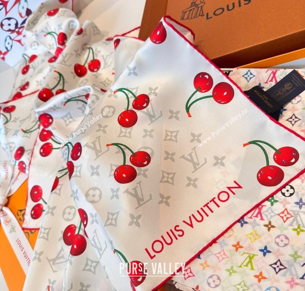 Louis Vuitton LV x TM Cherry Cerise Silk Square Scarf 90x90cm White 2025 (SHI-250617050)